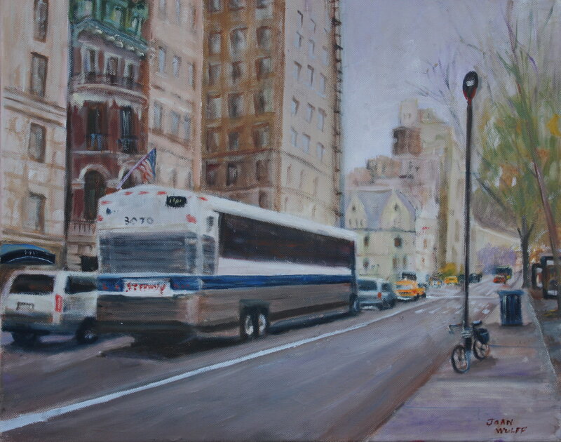 City street with bus and buildings