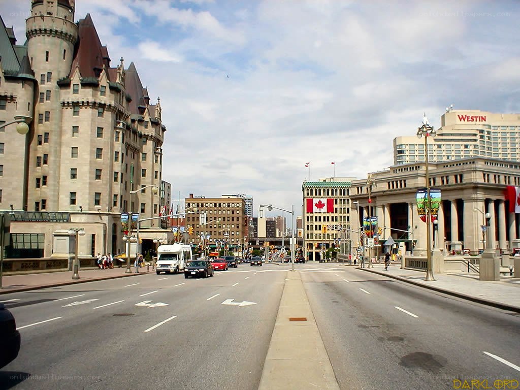 City street with castle-like building