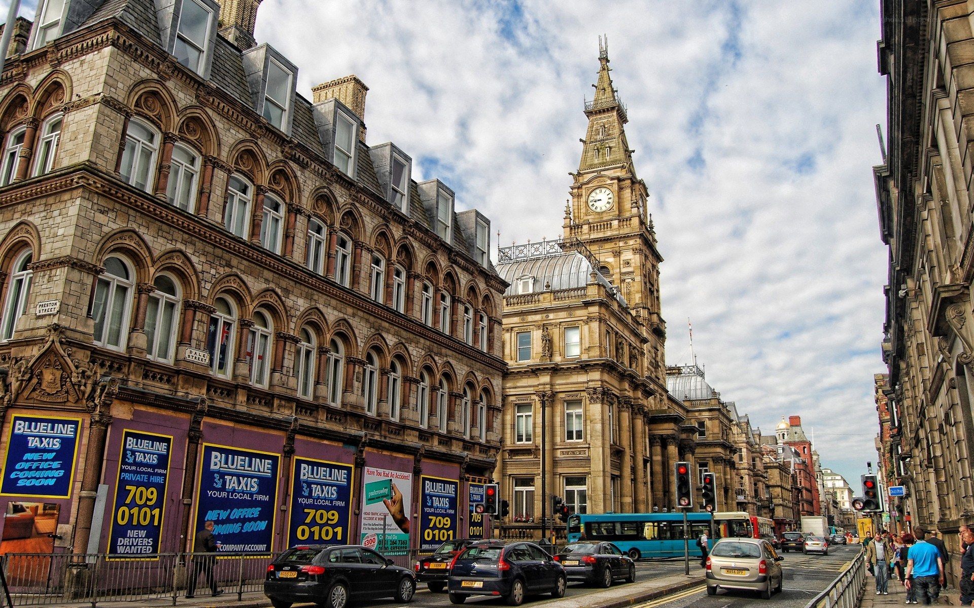 City street with clock tower