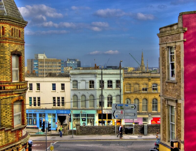 City street with colorful buildings