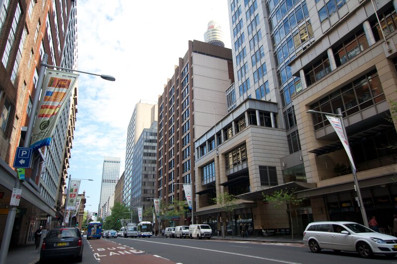 City street with modern buildings