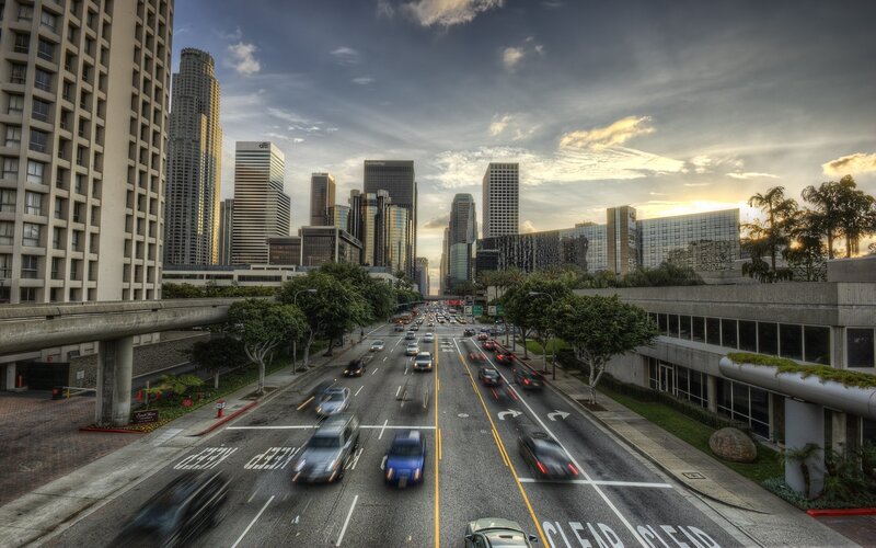City street with skyscrapers
