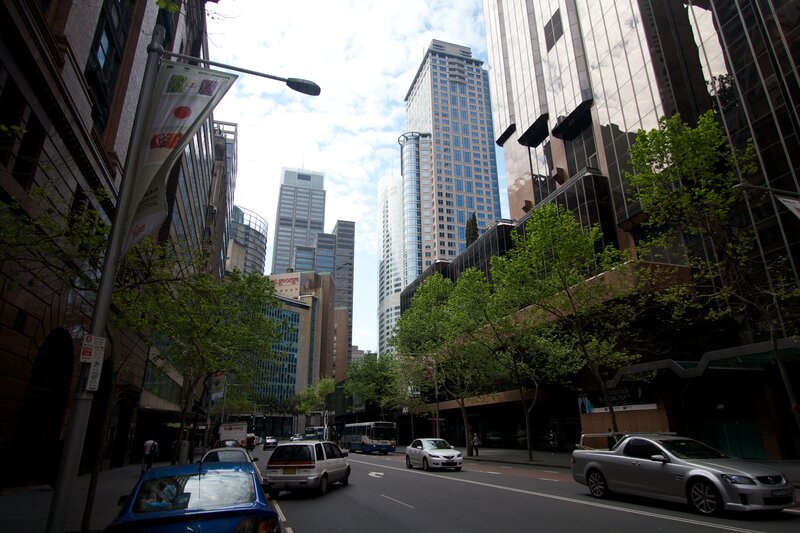 City street with skyscrapers