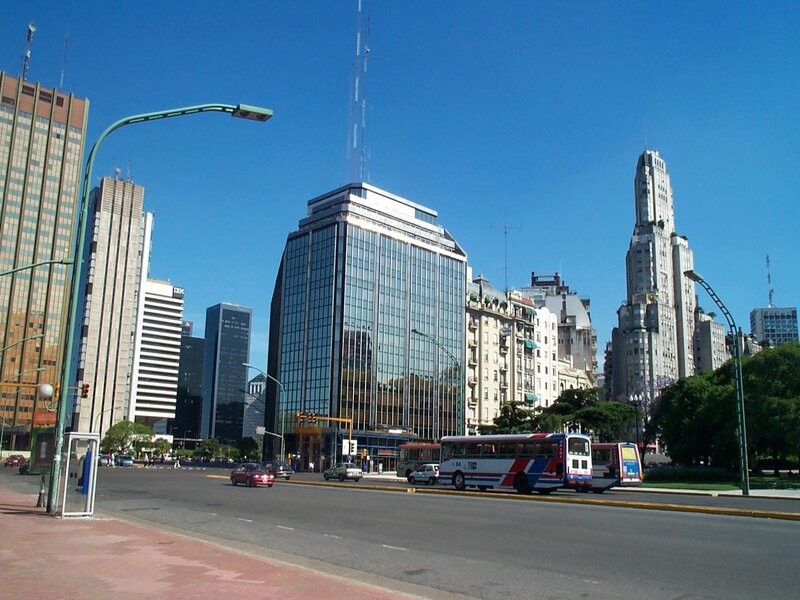 City street with skyscrapers