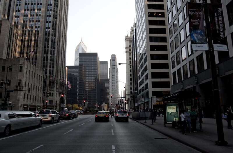 City street with skyscrapers