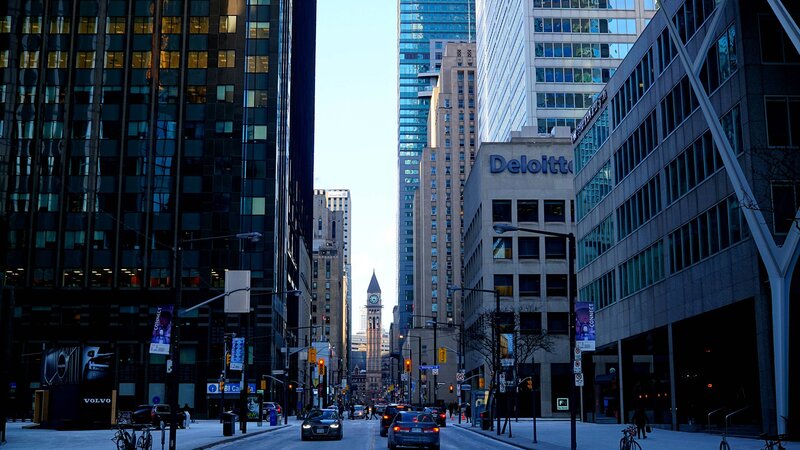 City Street with Skyscrapers — Blue, Dramatic, Morning