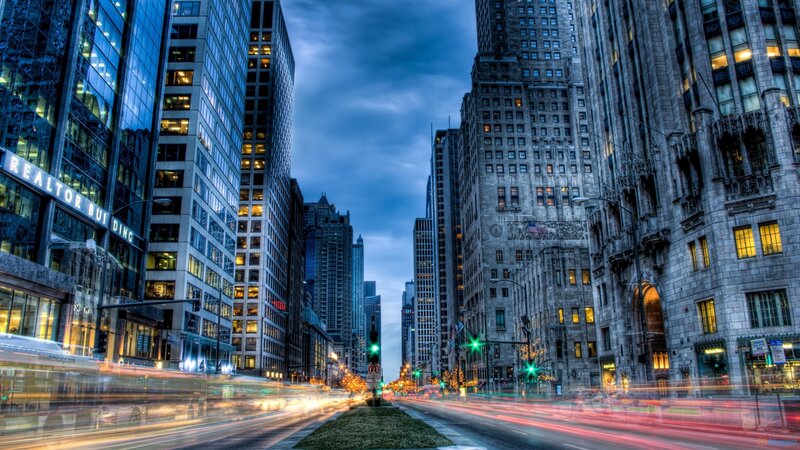 City Street with Skyscrapers — Blue