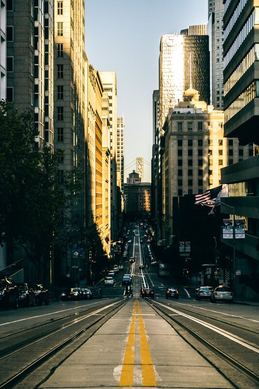 City Street with Skyscrapers — Gray, Dramatic, Morning