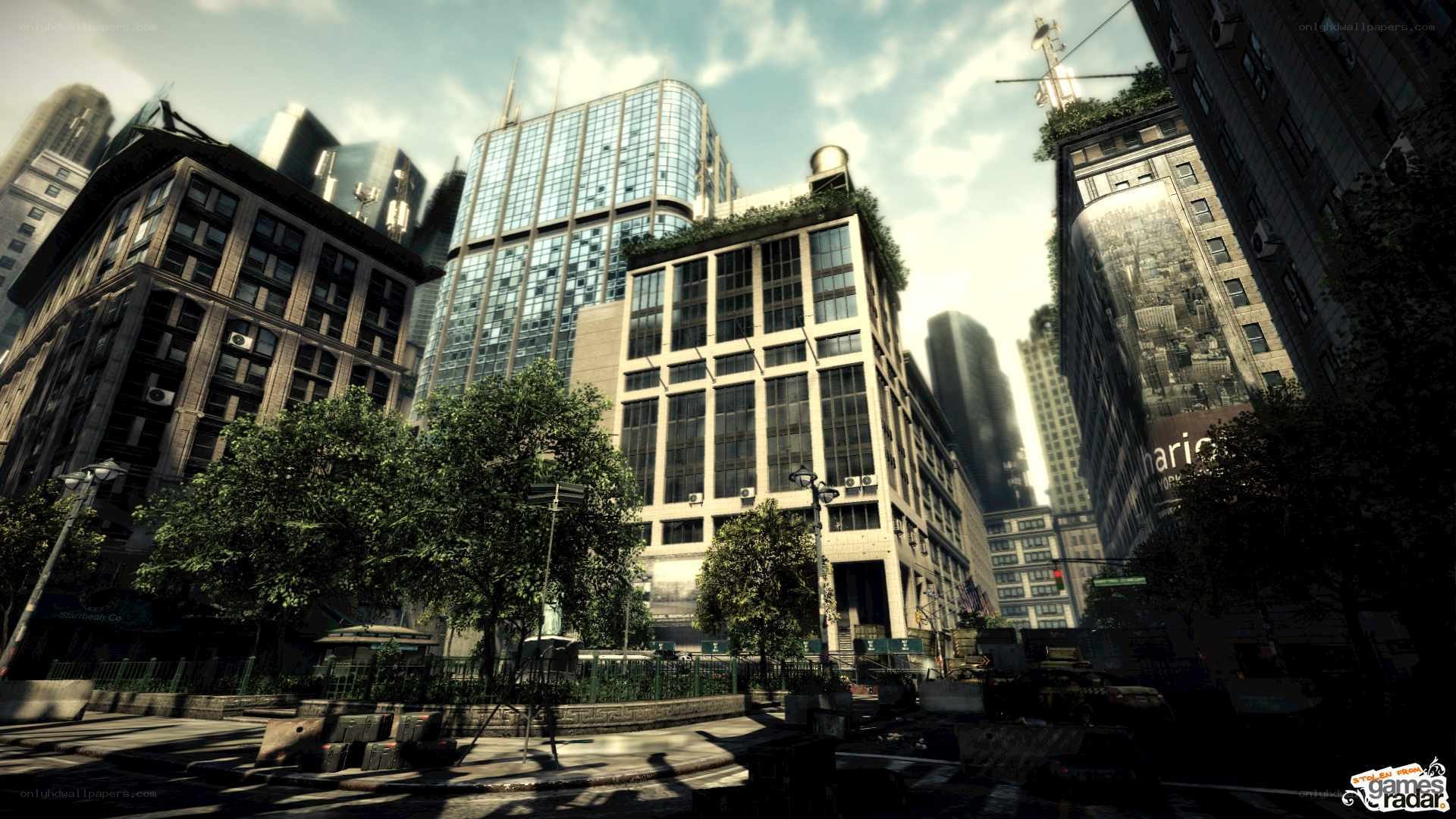 city street with skyscrapers