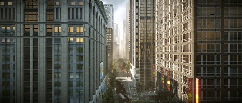 City street with smoke and buildings