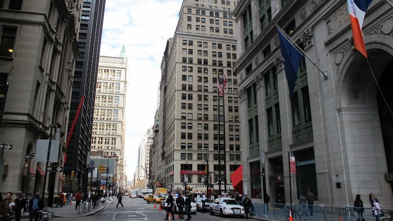 City street with tall buildings