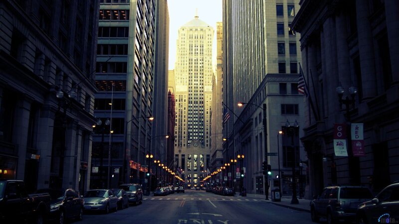 City street with tall buildings