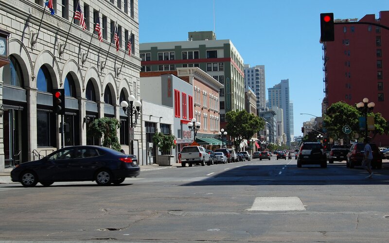 City street with traffic and buildings