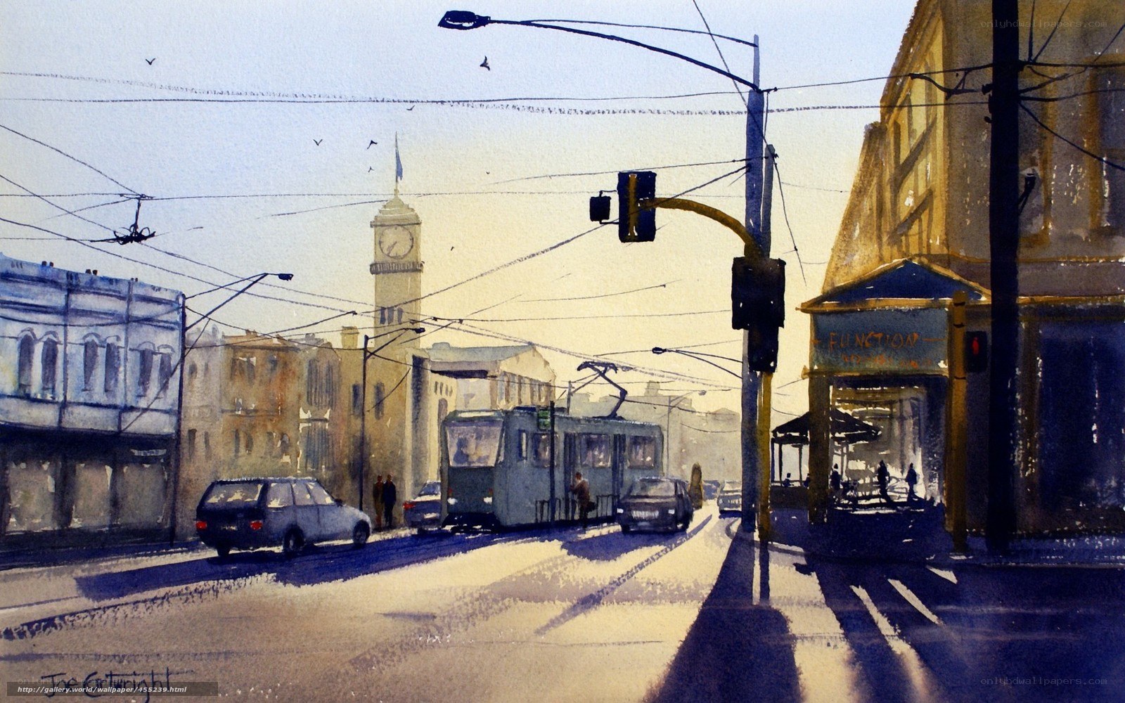 City street with tram and clock tower