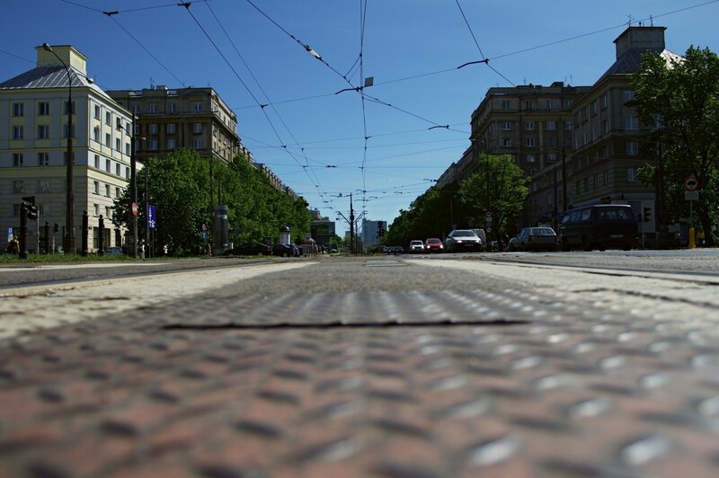 City street with tram tracks