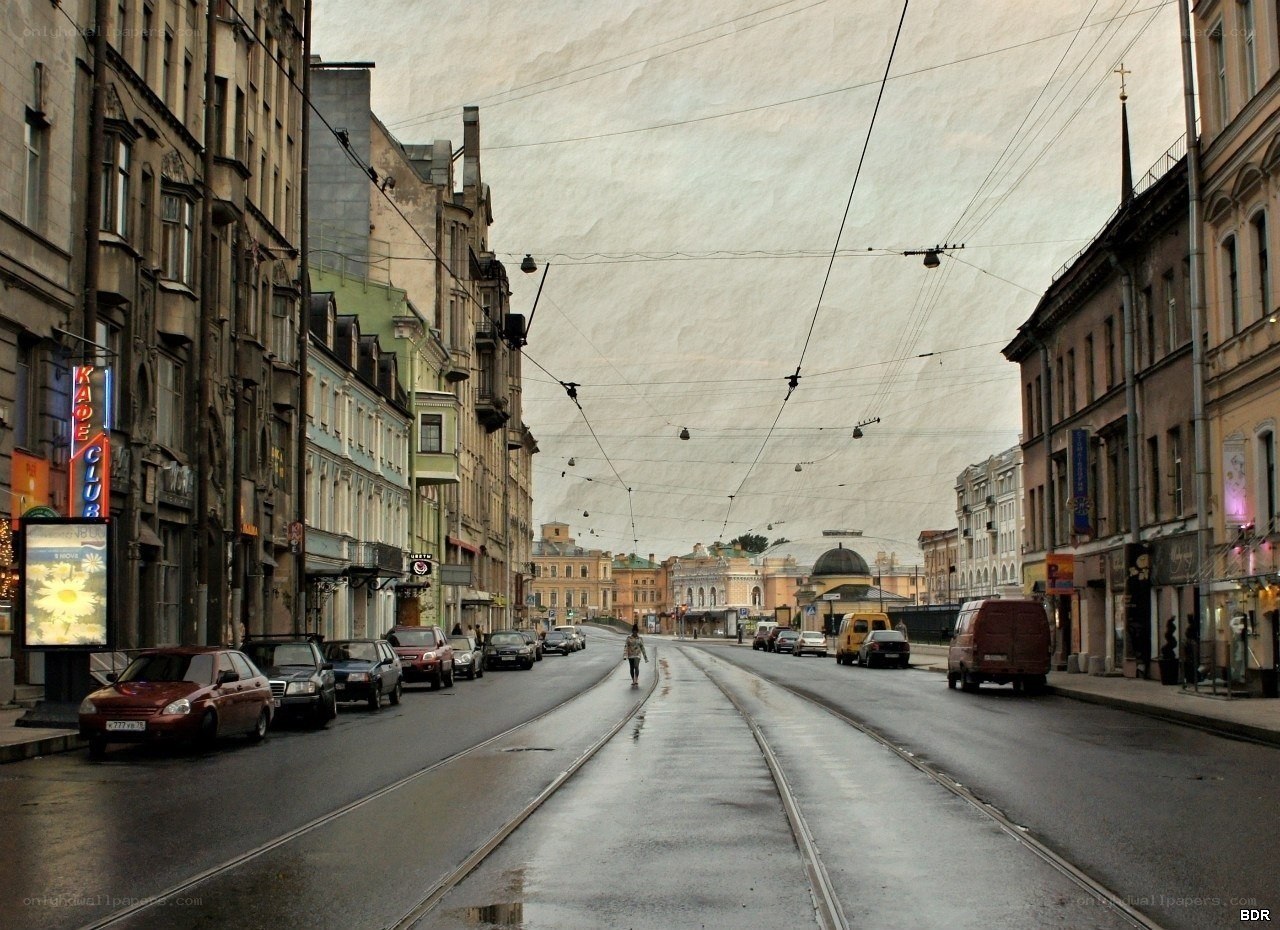 City street with tram tracks