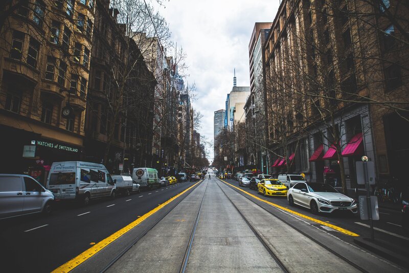 City Street with Tram Tracks — Gray
