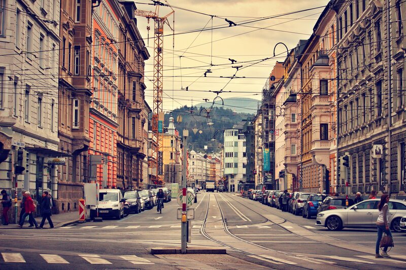 City street with tram tracks