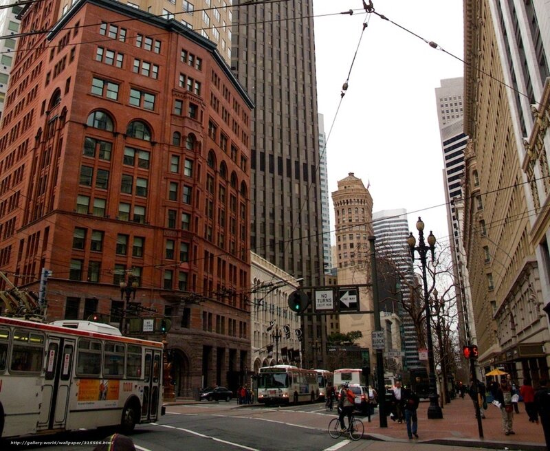 City street with trolley and historic buildings