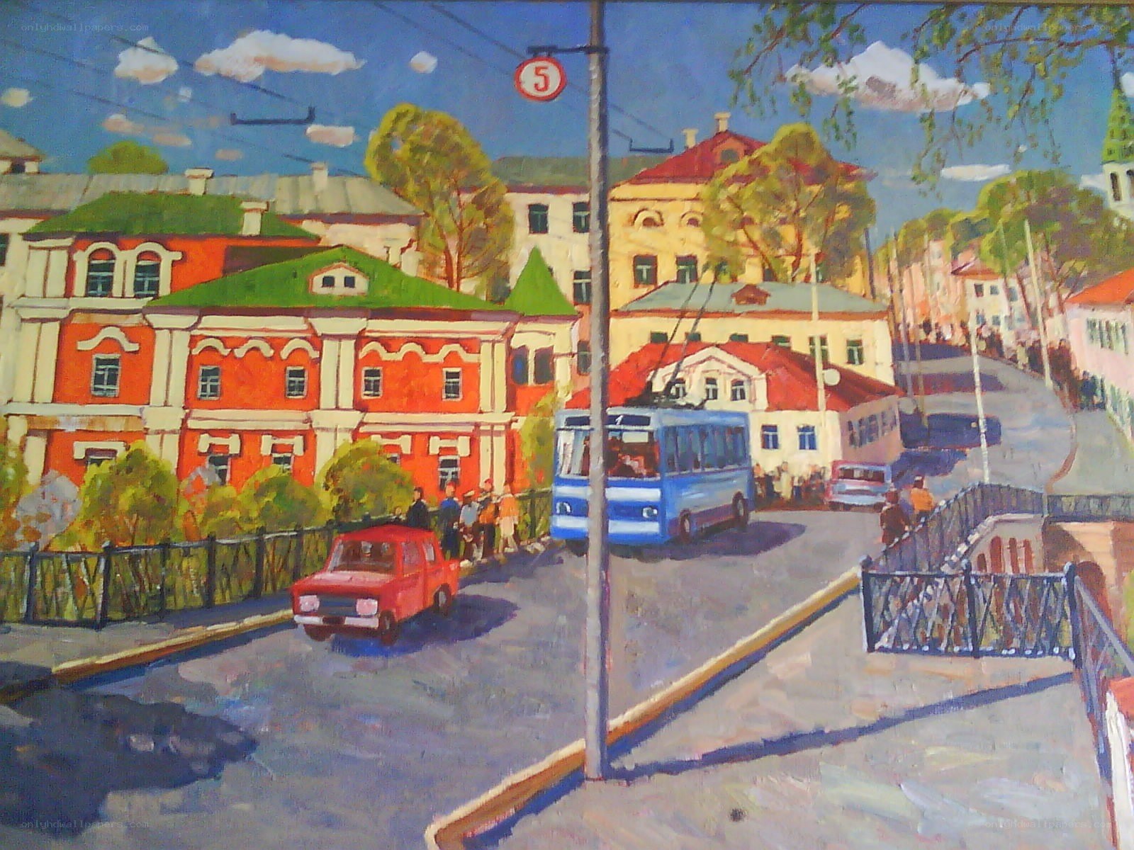 City street with trolleybus