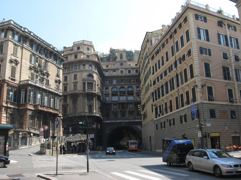 City street with tunnel and historic buildings