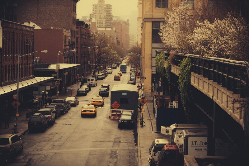 City street with yellow cabs