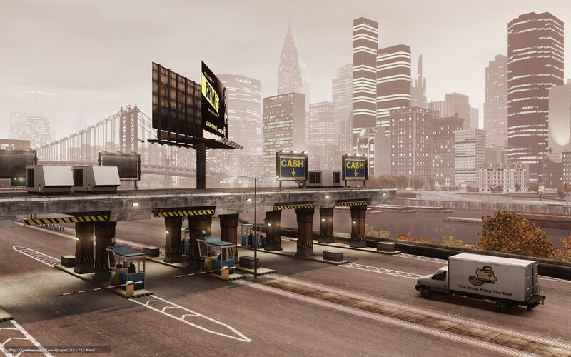 City toll booth with skyline
