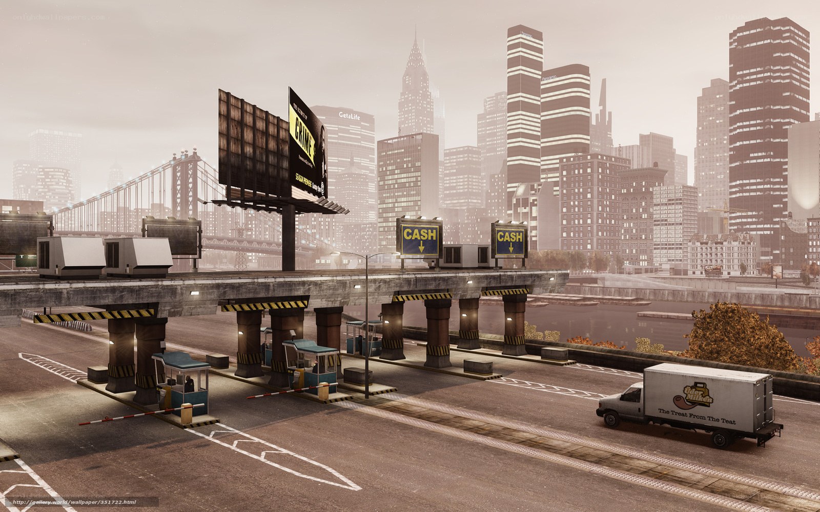 City toll booth with skyline