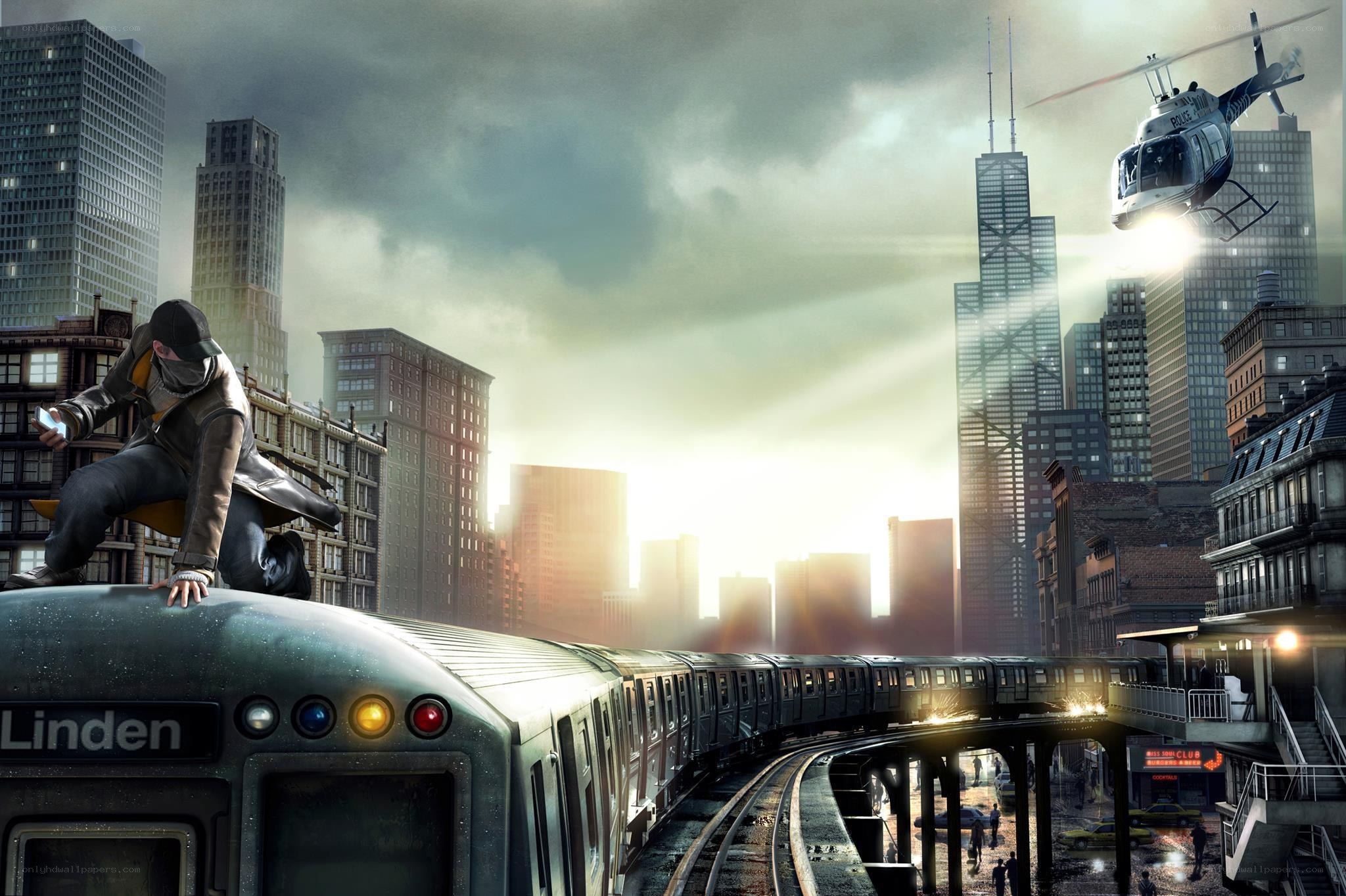 City train and helicopter scene