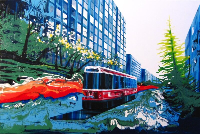 City tram in colorful landscape
