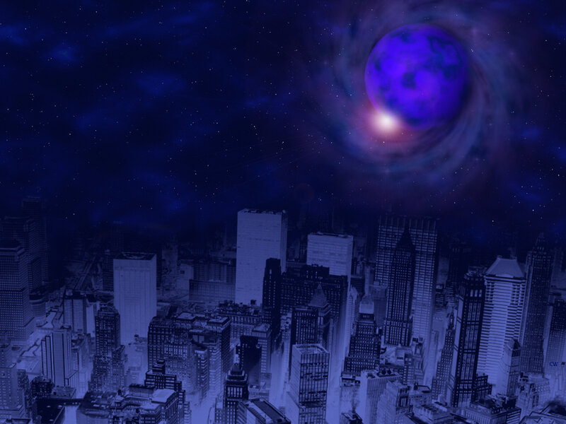 City under a purple moon