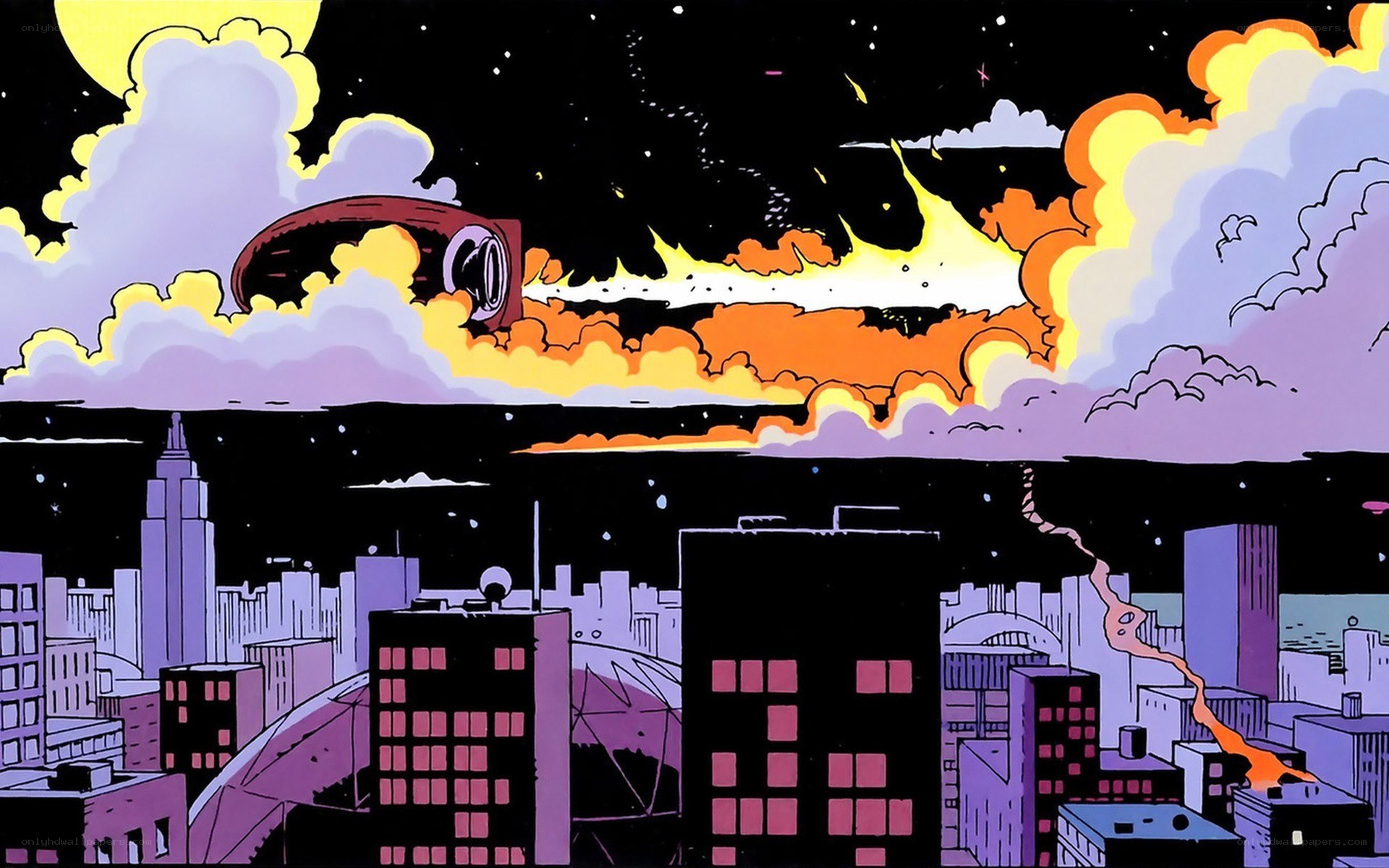 City under attack at night