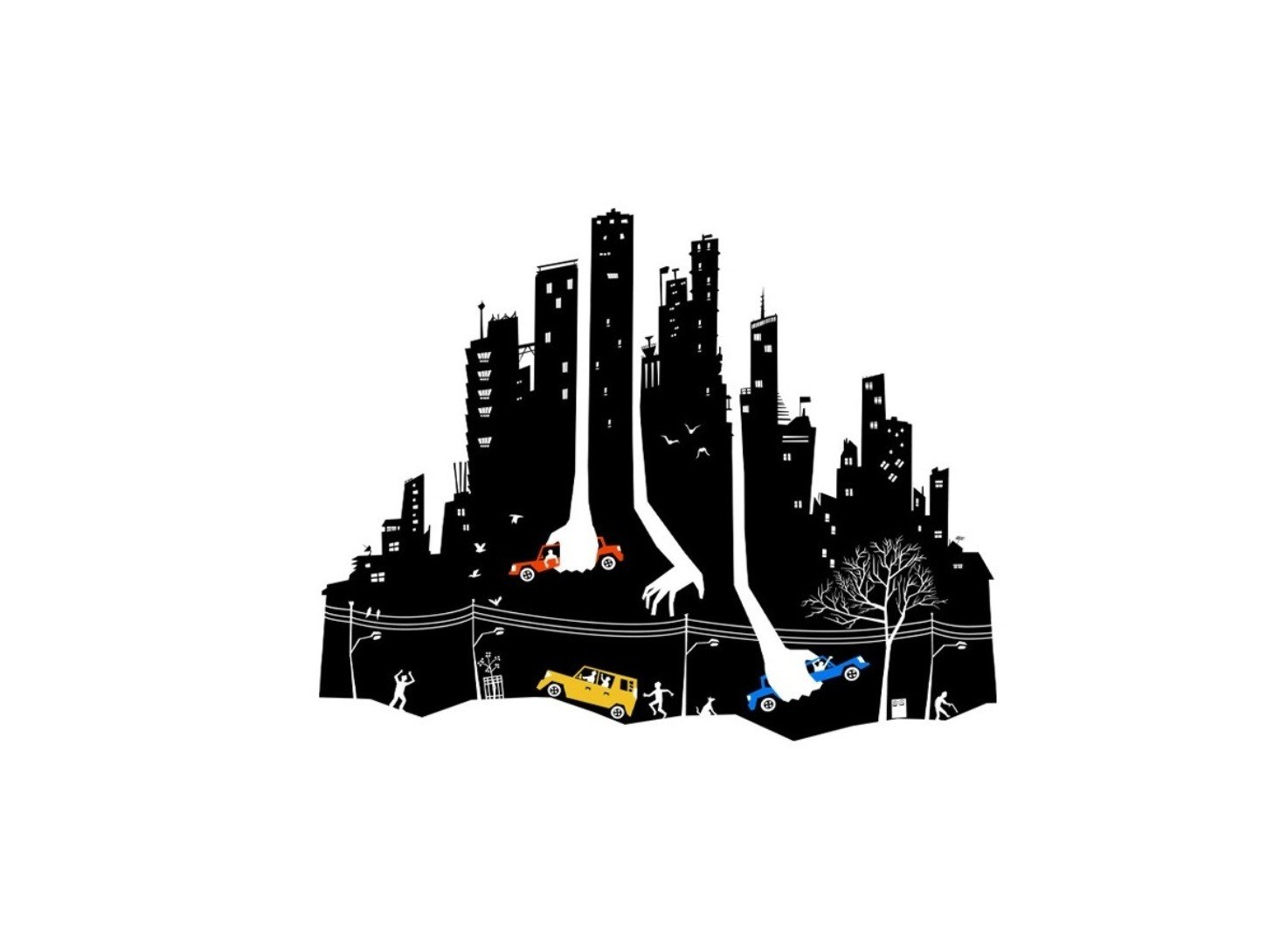 City under attack by giant hands