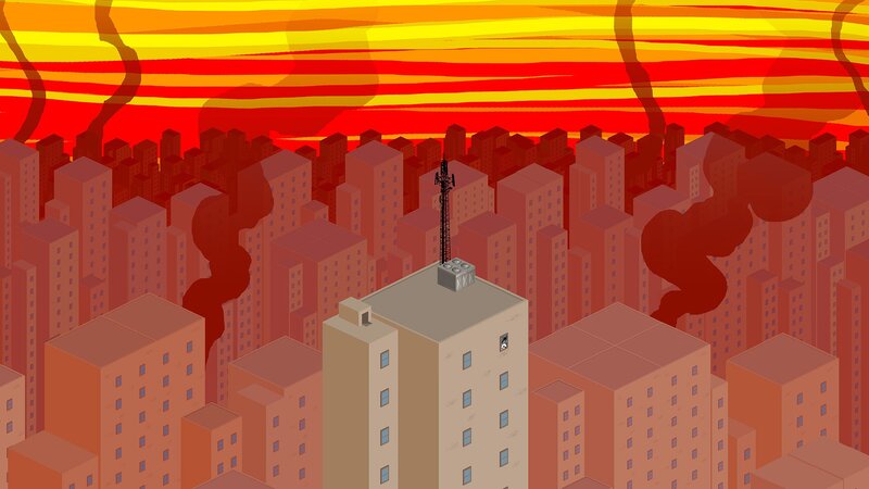 city under fiery sky