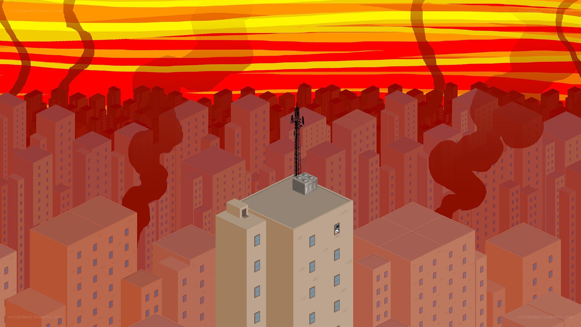 city under fiery sky