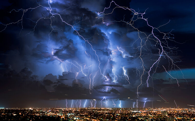 City under Lightning Storm — Blue, Dramatic