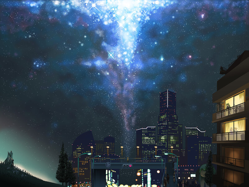 City under starry sky