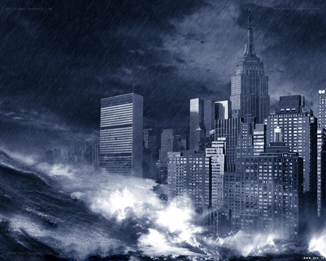 City under storm and flood