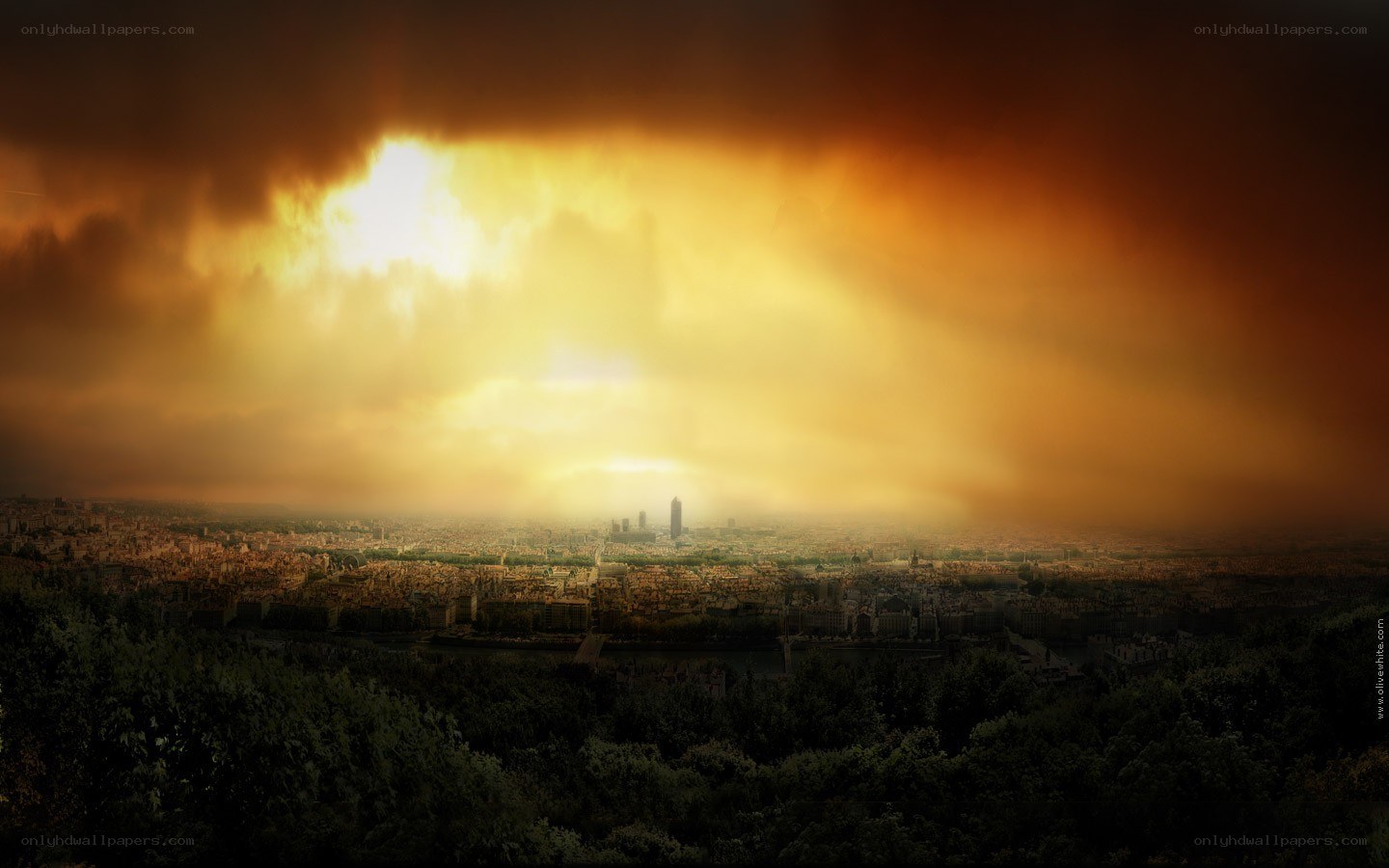 City under stormy sky