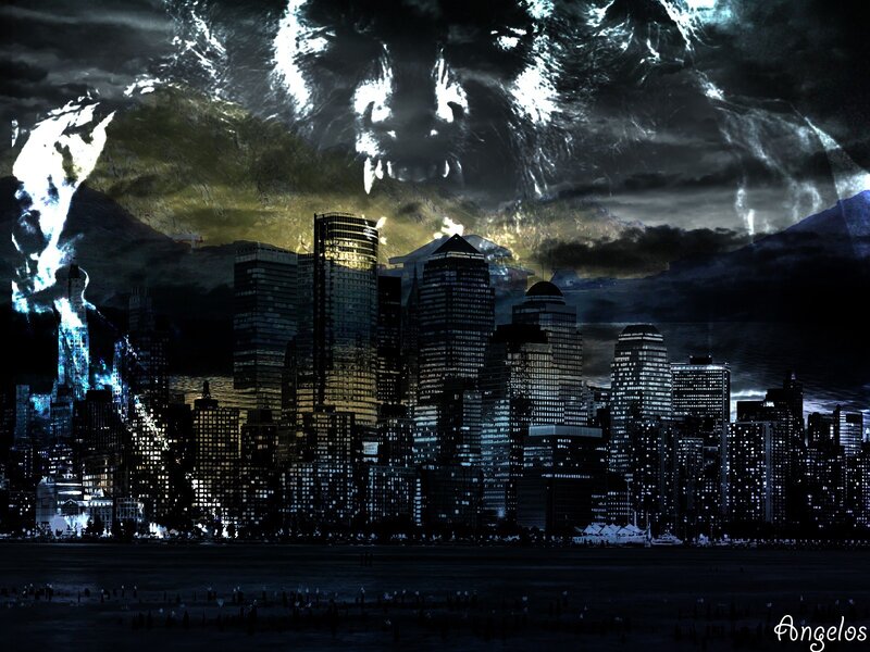 City under stormy sky