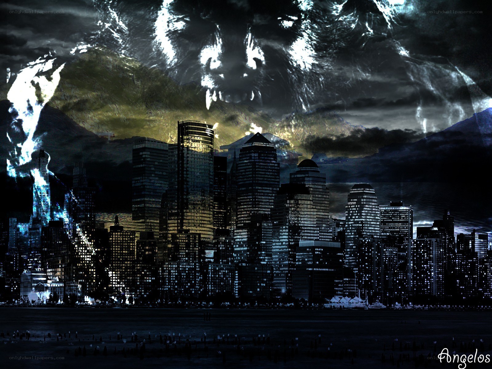 City under stormy sky