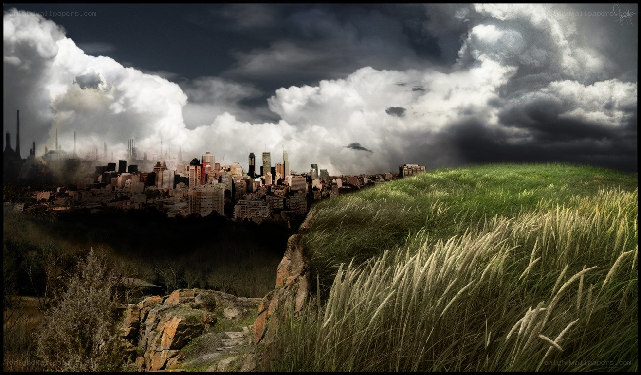City under stormy sky