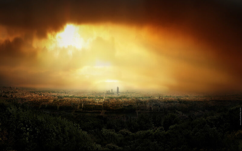 City under stormy sky