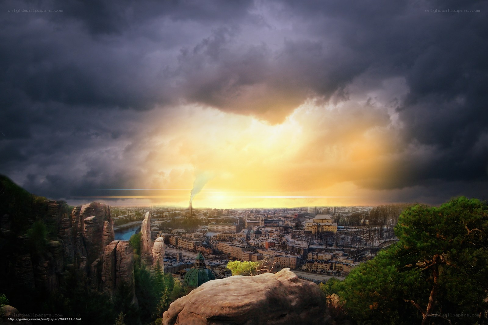City under stormy sky