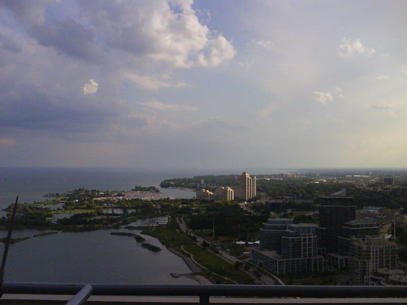 City view from high-rise balcony