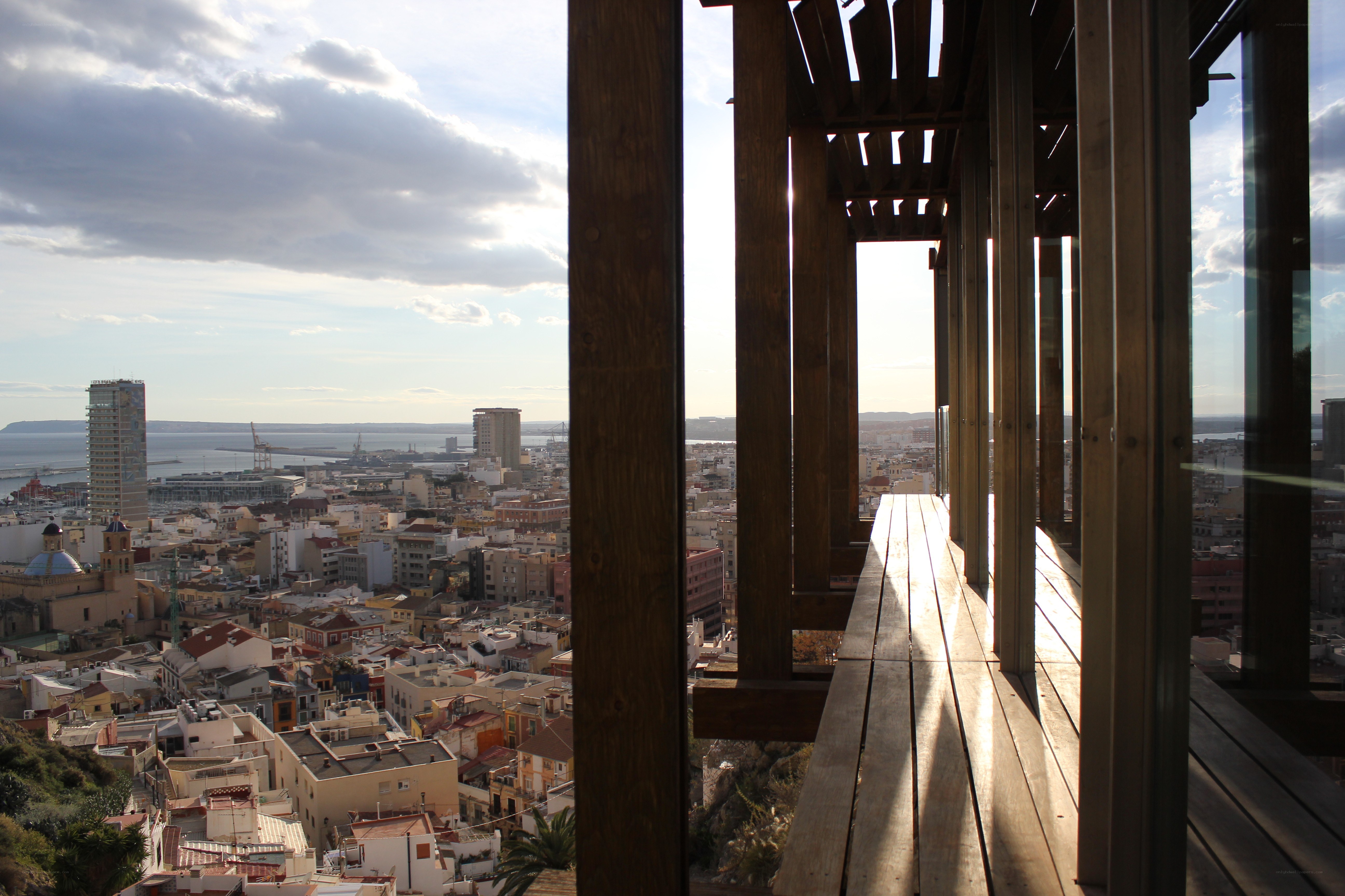 City view from wooden deck