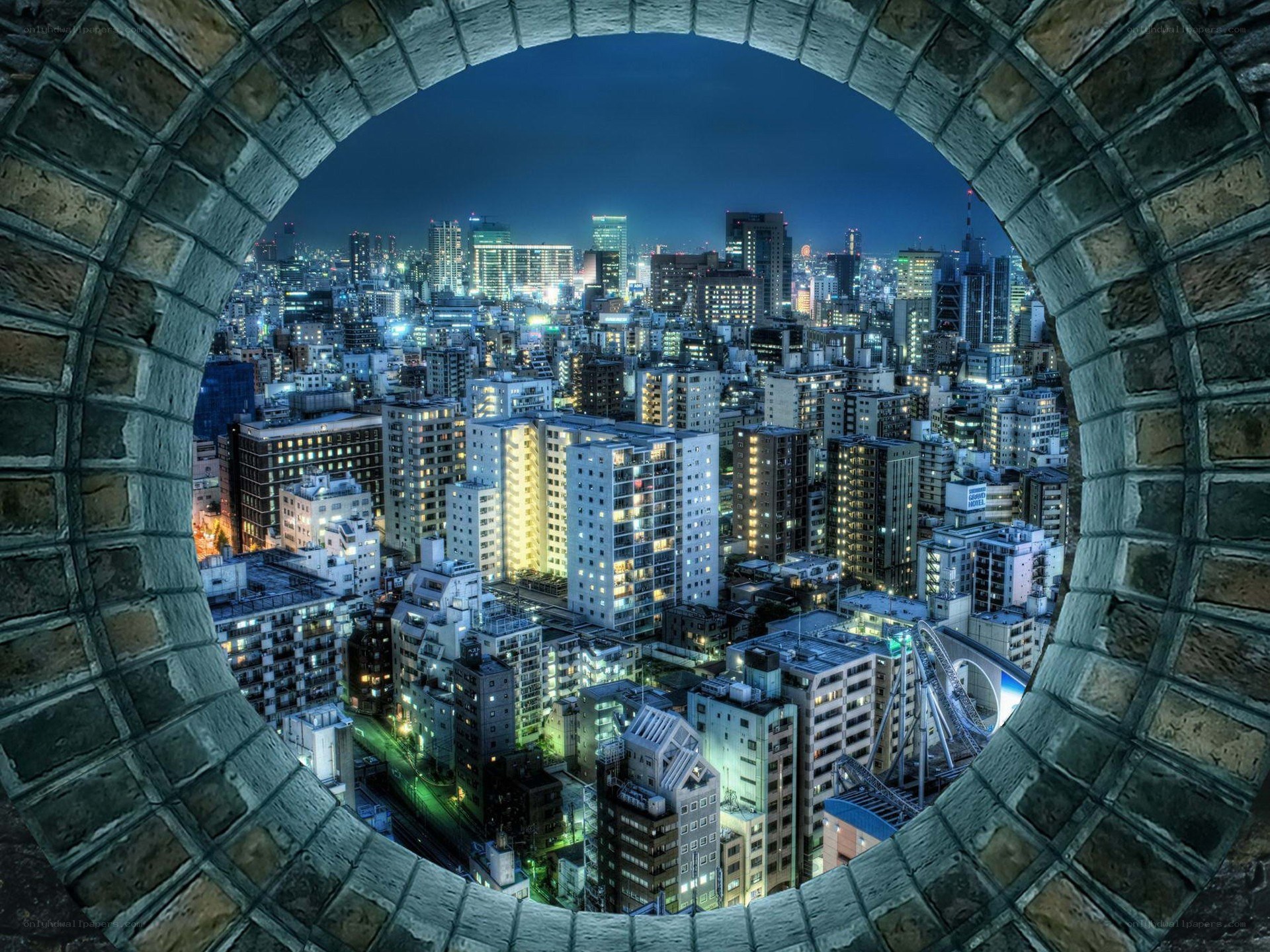 city view through brick arch