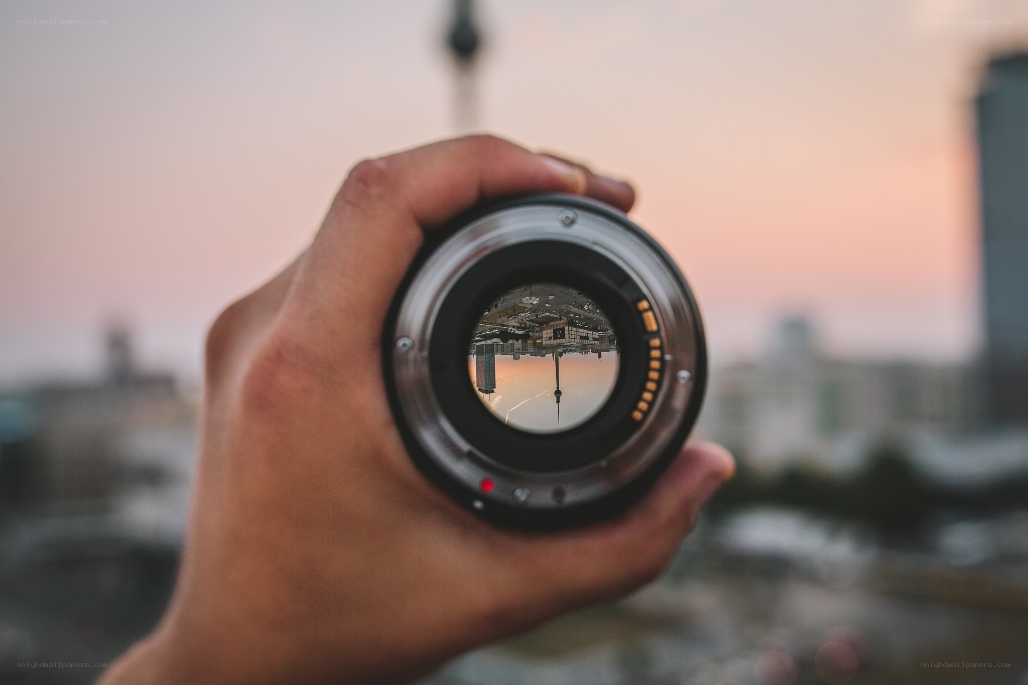 City view through camera lens