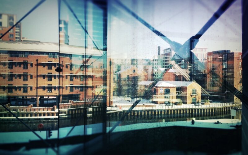 City view through glass window