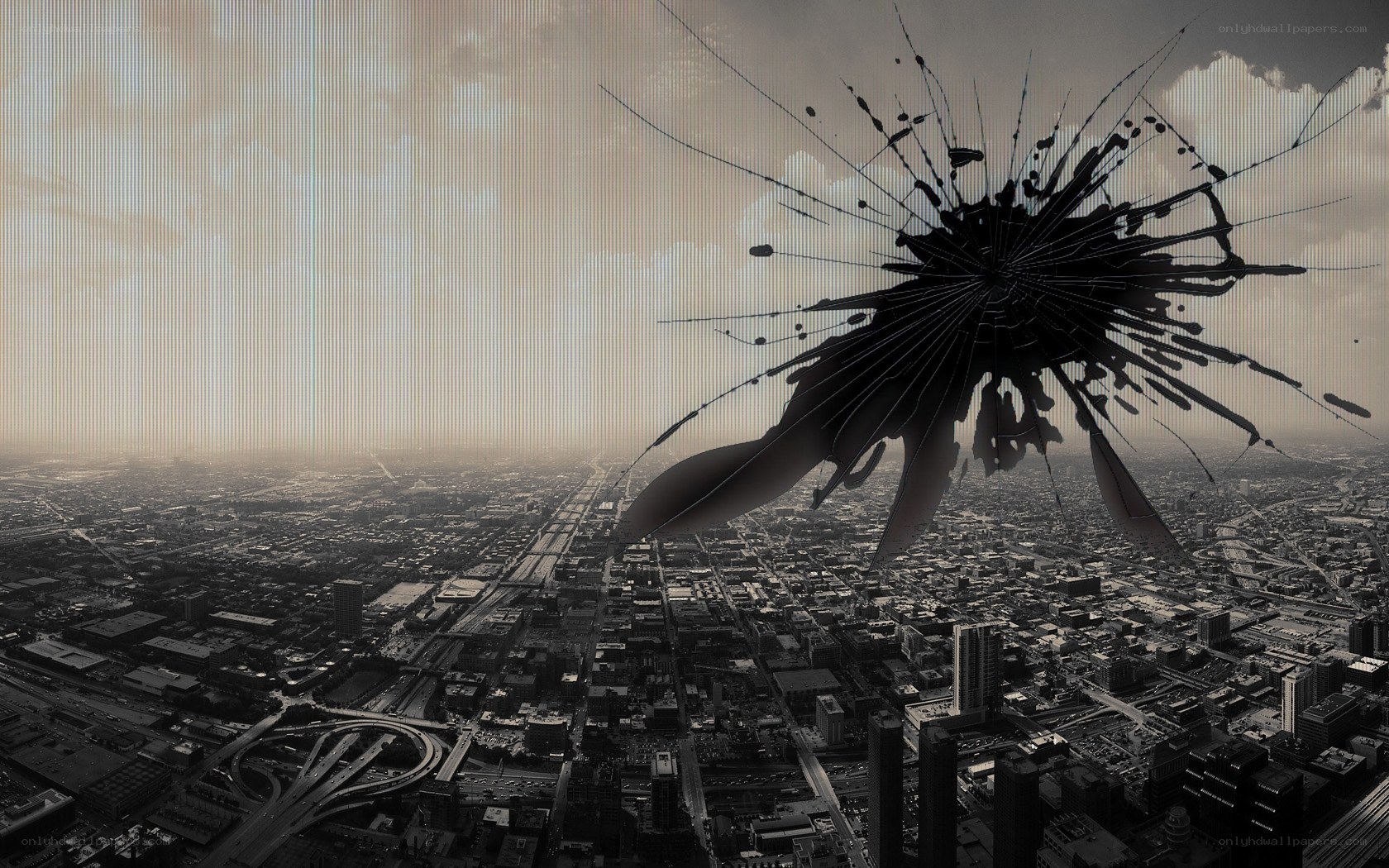 City view through shattered glass